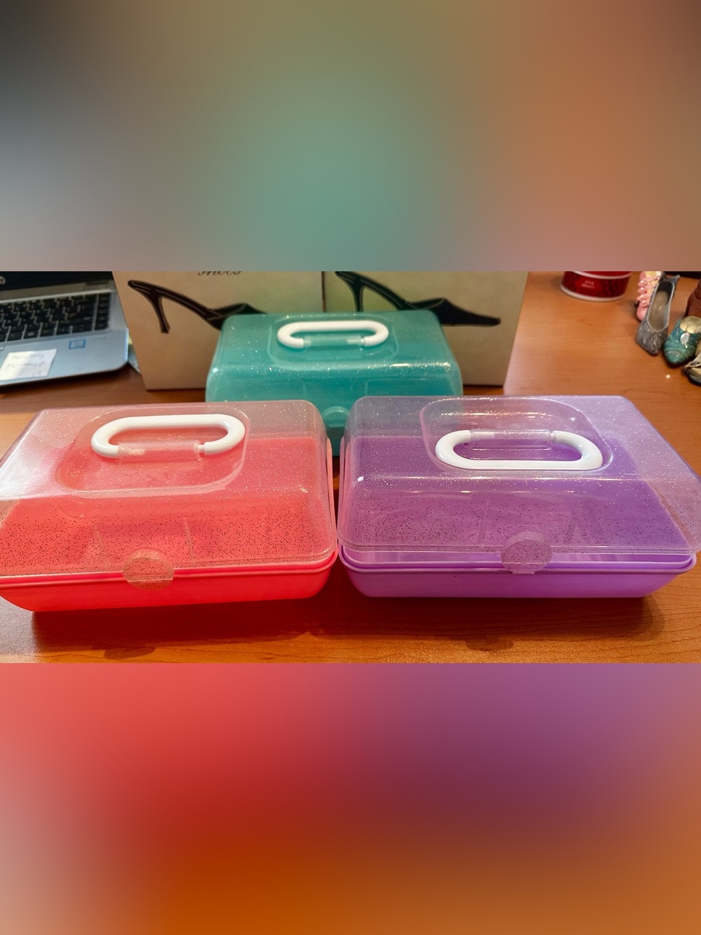 Glitter Handle Storage Box Set - Pink, Purple & Teal